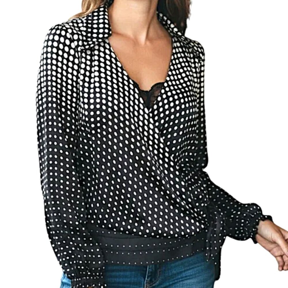 White House Black Market Women's Silky Polka Dot Long Sleeve Wrap Blouse size XS